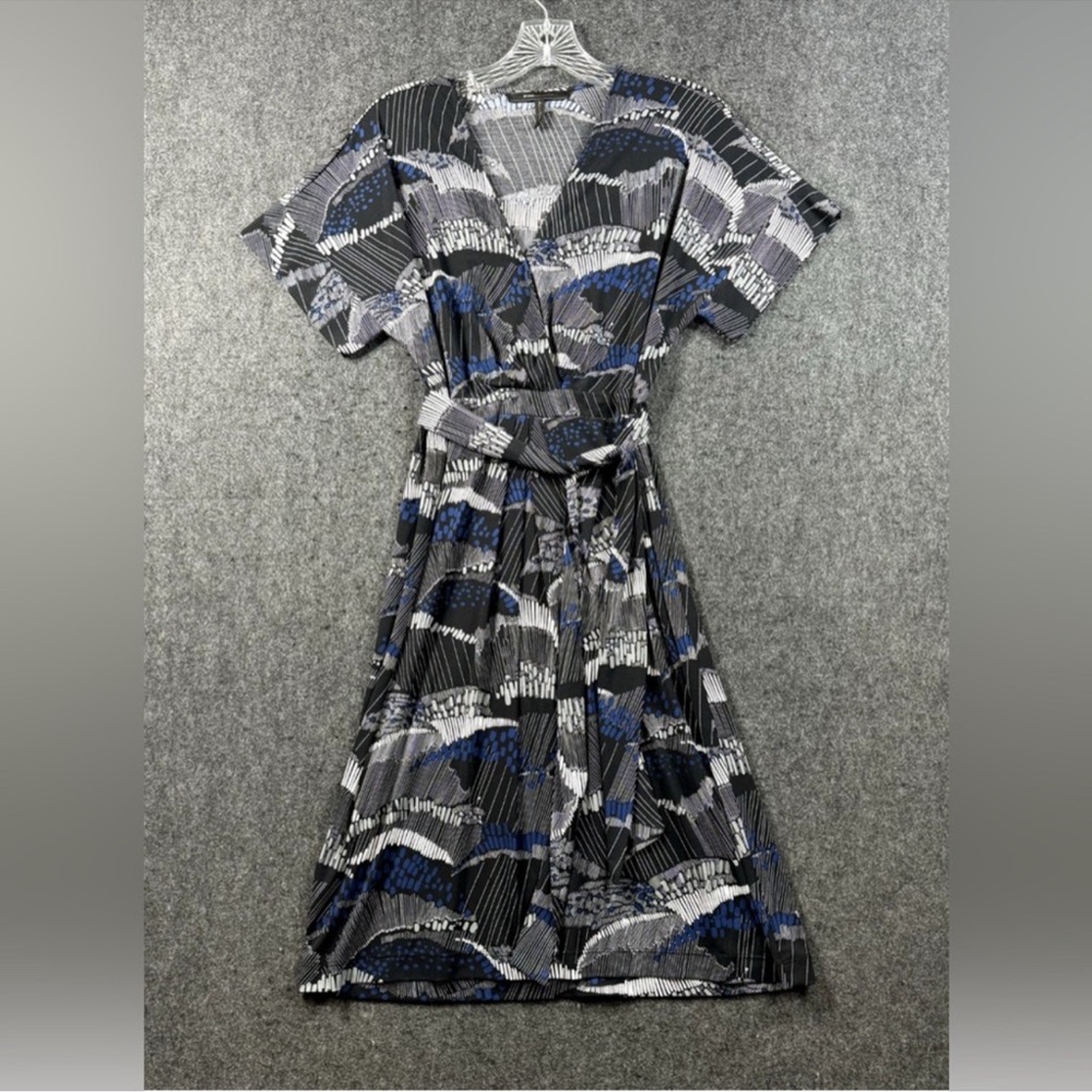 BCBGMaxAzria Gray, Blue and Black Cap Sleeve Wrap Dress